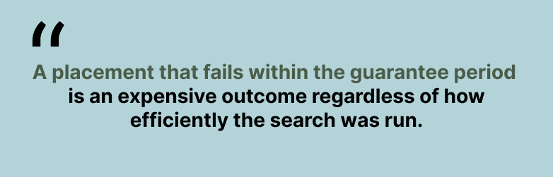Image that reads "A placement that fails within the guarantee period is an expensive outcome regardless of how efficiently the search was run